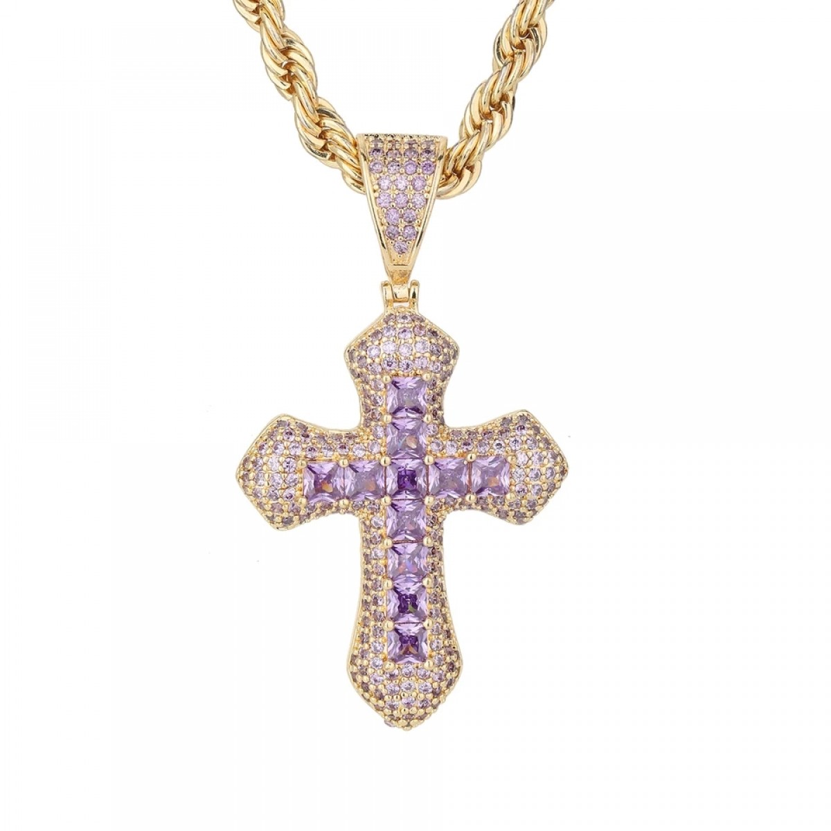 Purple Iced Cross Pendant Από Επιχρυσωμένο Ορείχαλκο